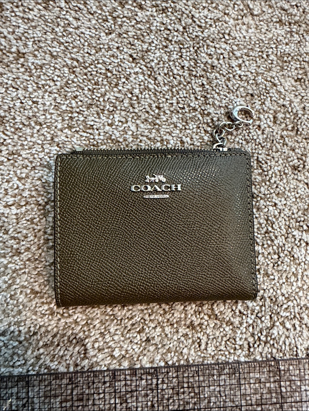 Coach Small Olive Green Saffiano Zip Wallet with Silver Logo